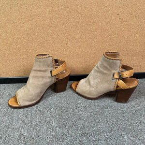 Frye Dani Shield Sling Peep Toe Heeled Sandal Brown Taupe Suede Leather 6.5